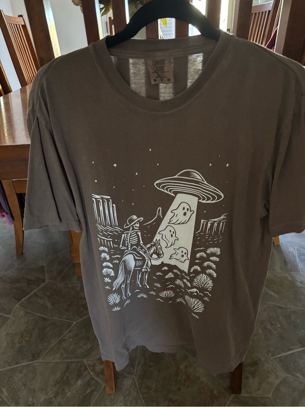 Graphic Brown Comfort Color T-Shirt with UFO & Skeleton Rider Print